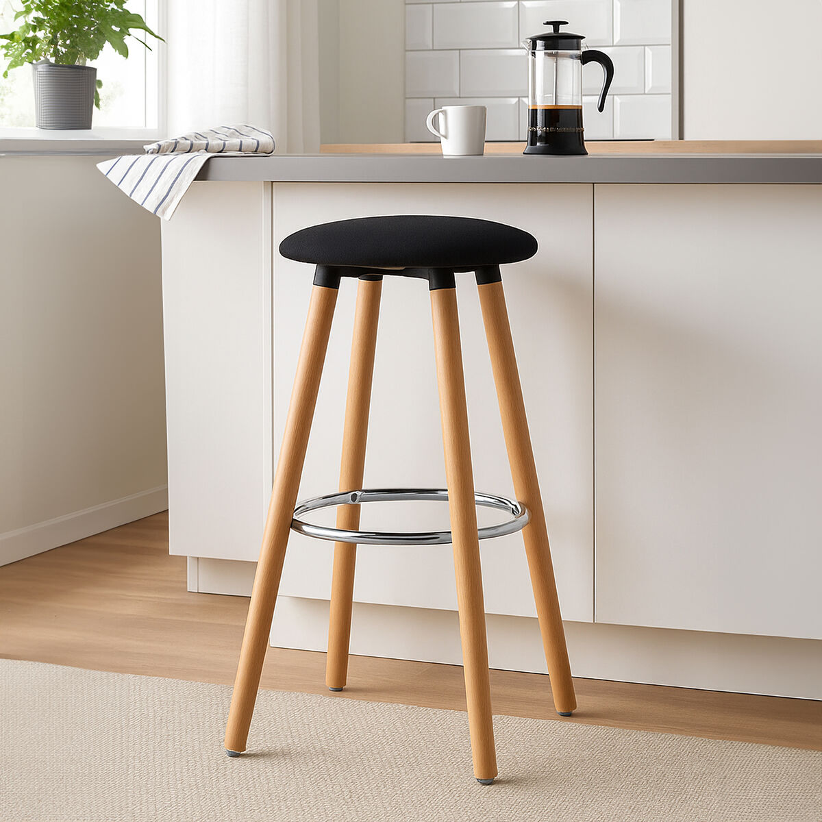 Orsina Stockholm Black Round Bar Stool – Natural Beech Wood Counter Seat