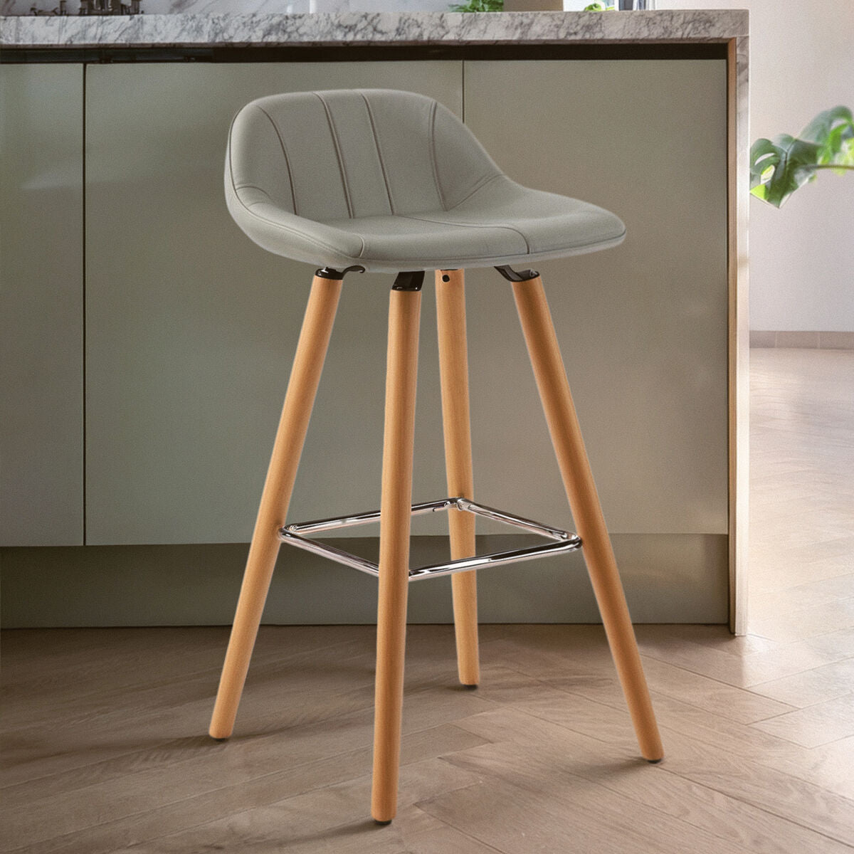 Orsina Stockholm Grey Faux Leather Bar Stool with Beechwood Base