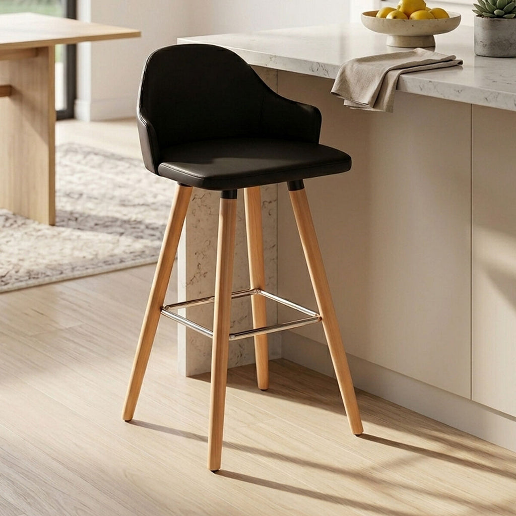 Orsina Stockholm Black Curved Backrest Bar Stool with Beechwood Legs