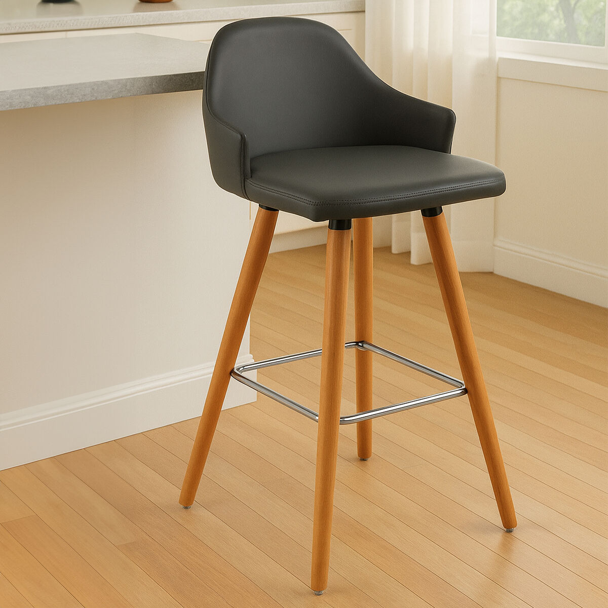 Orsina Stockholm Grey Faux Leather Bar Stool with Beechwood Legs