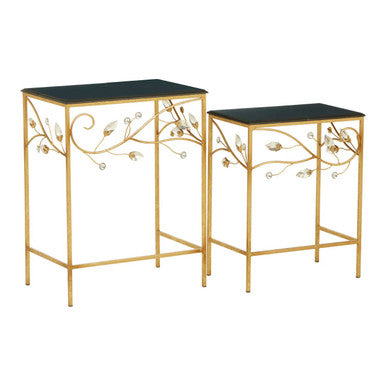 Orsina Yaxi Gold Branch Side Tables with Black Wood Top – Set of 2
