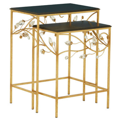 Orsina Yaxi Gold Branch Side Tables with Black Wood Top – Set of 2