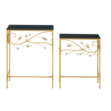 Orsina Yaxi Gold Branch Side Tables with Black Wood Top – Set of 2