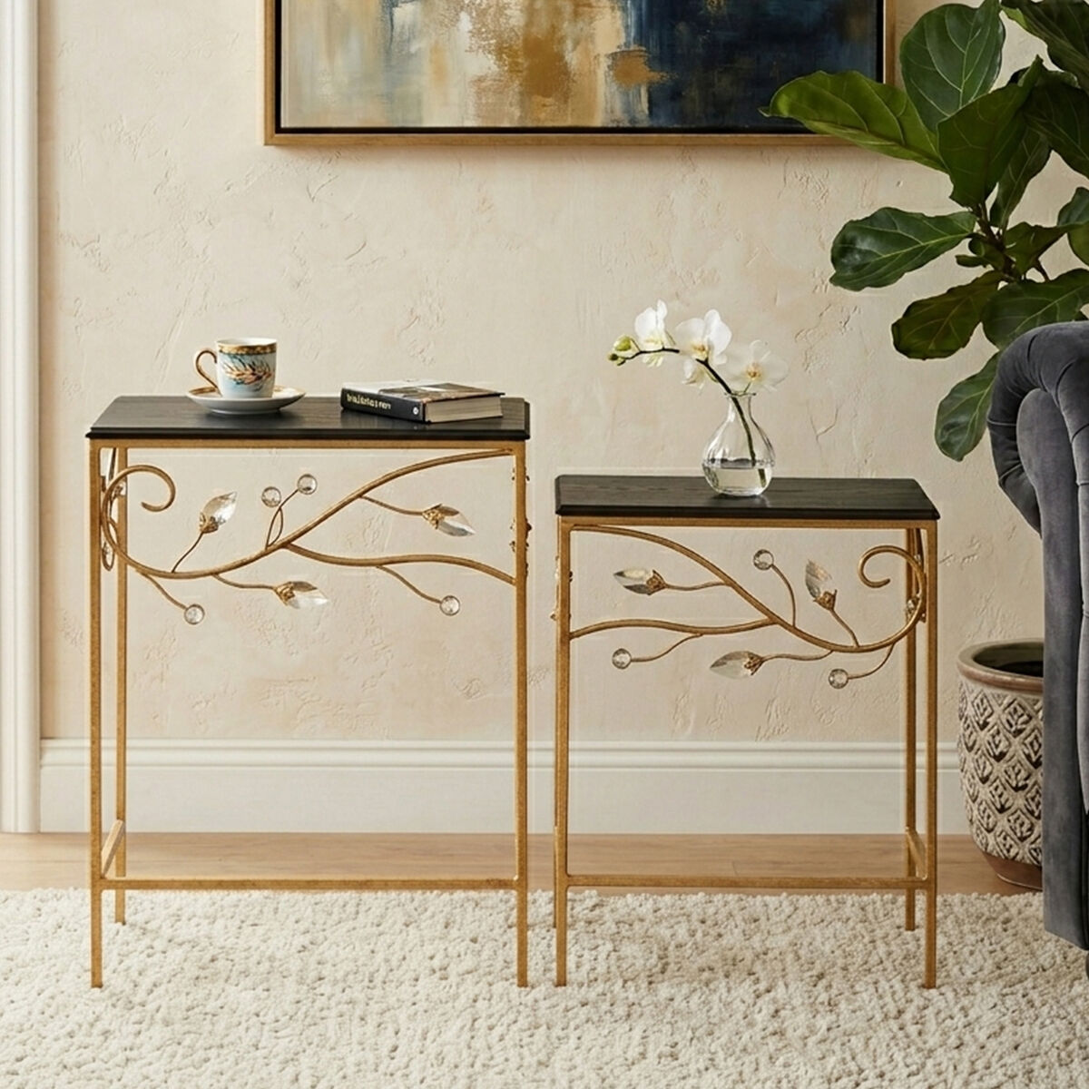 Orsina Yaxi Gold Branch Side Tables with Black Wood Top – Set of 2