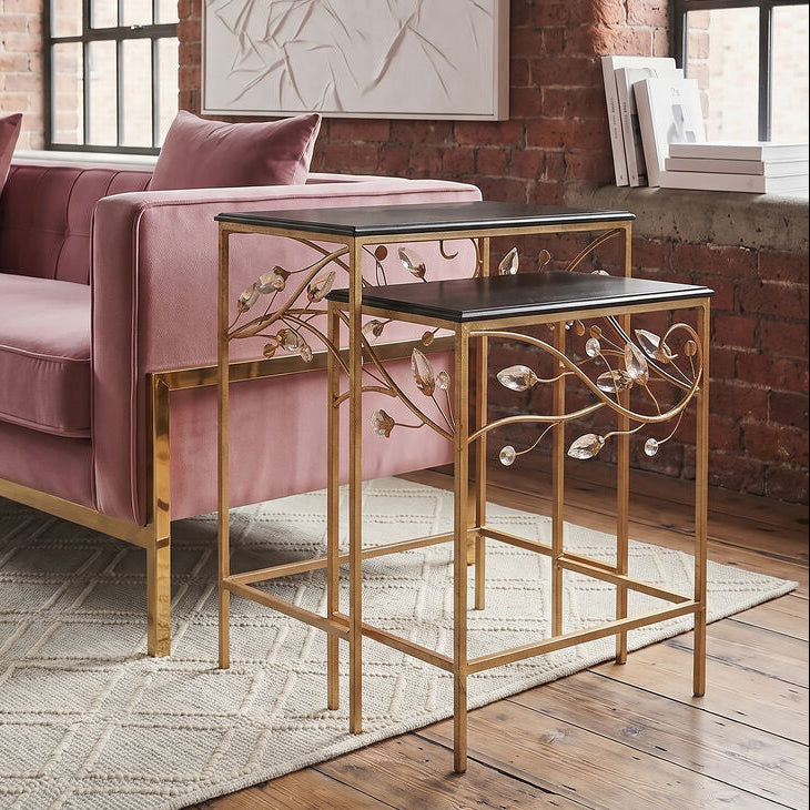 Orsina Yaxi Gold Branch Side Tables with Black Wood Top – Set of 2