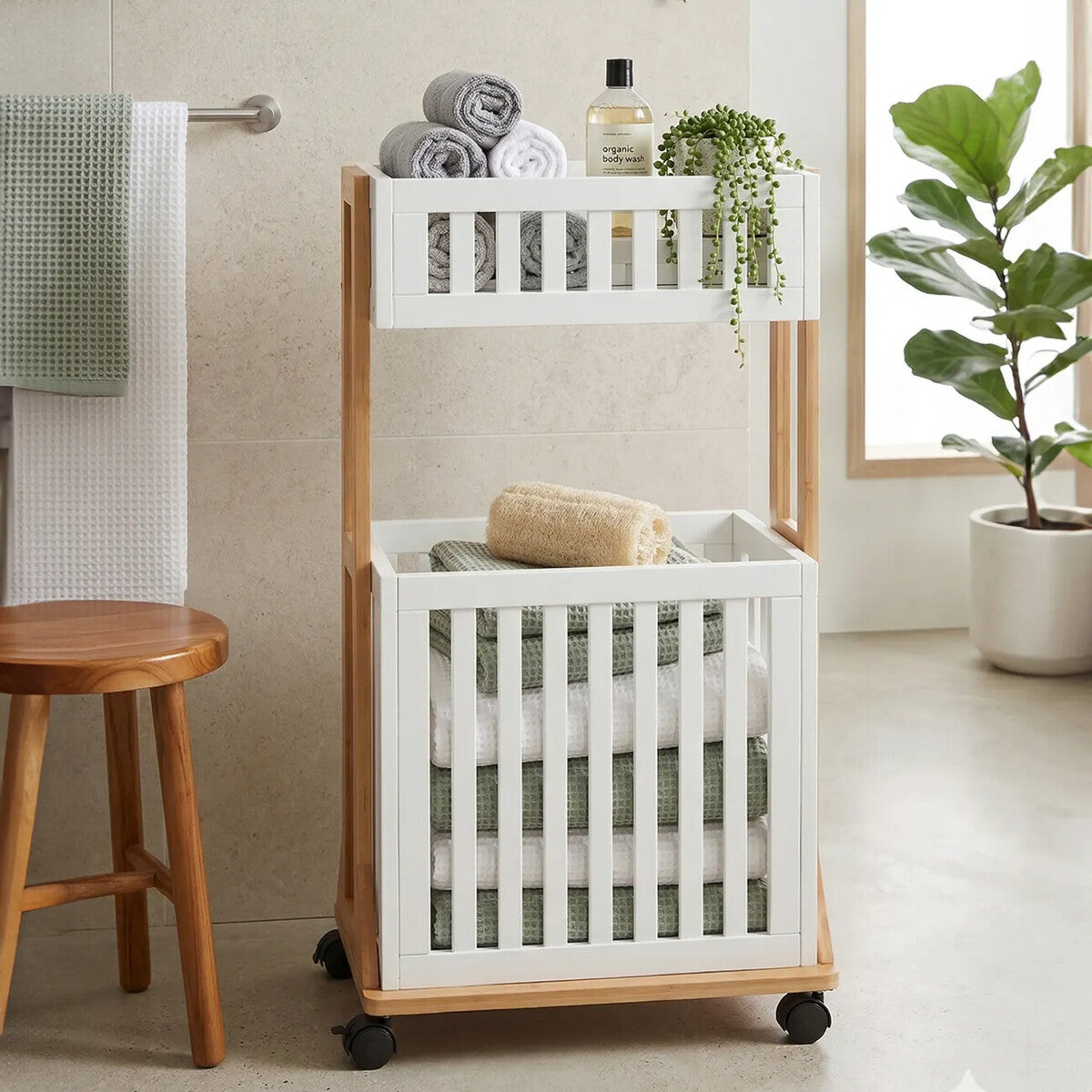 Orsina Nostra 2-Tier Storage Trolley – Bamboo & White Mobile Organizer