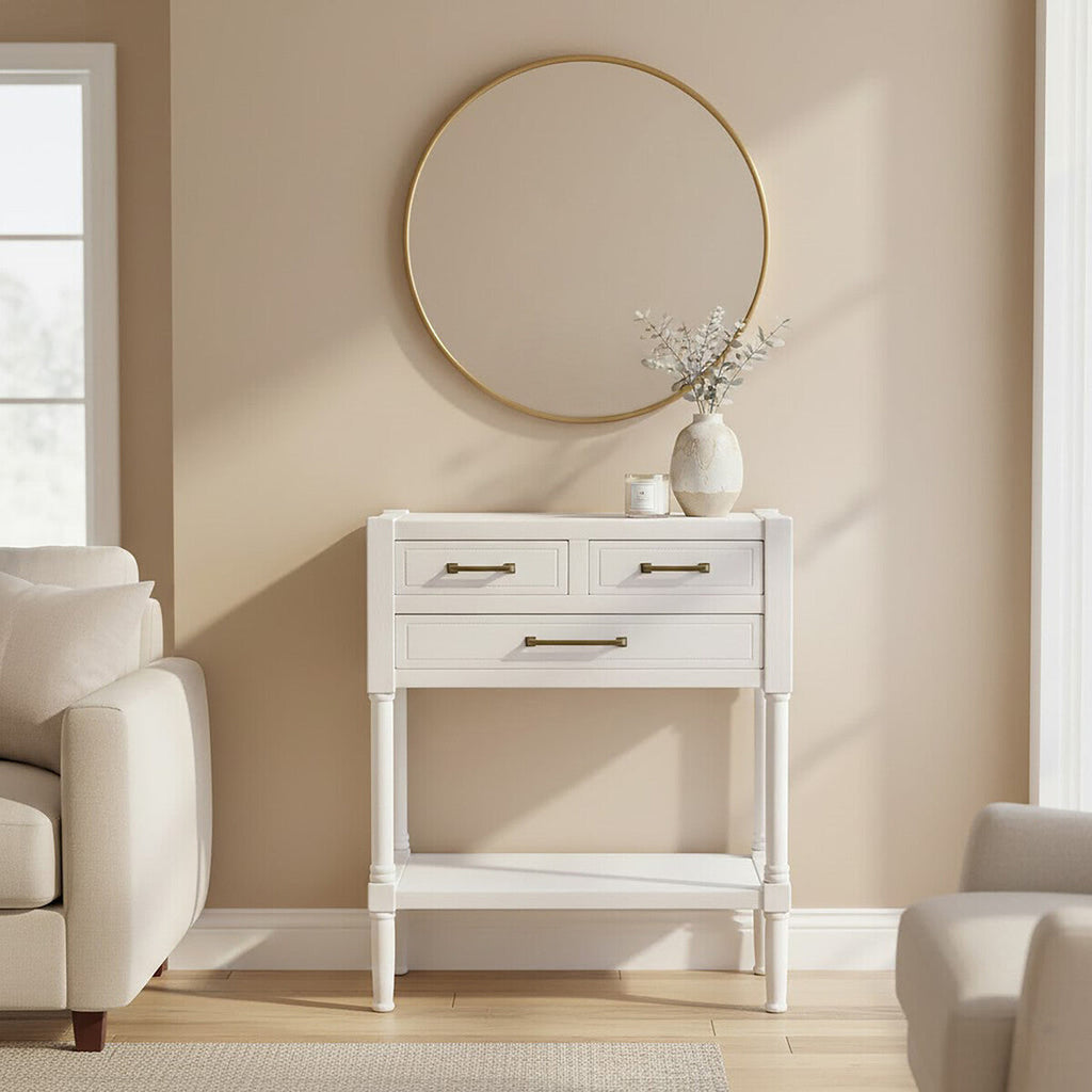 Orsina Heritage Console Table – Pearl White Wood with 3 Drawers