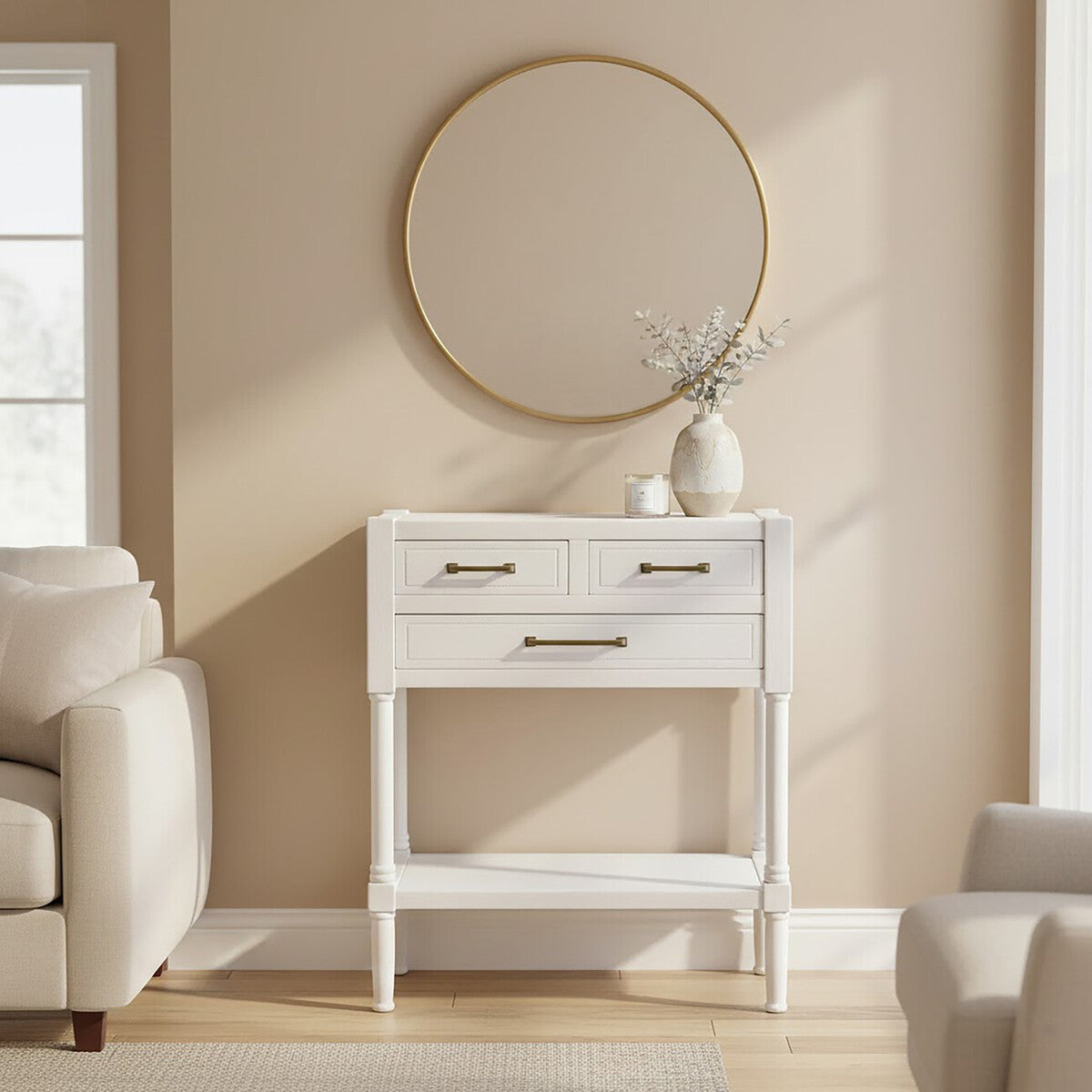 Orsina Heritage Console Table – Pearl White Wood with 3 Drawers