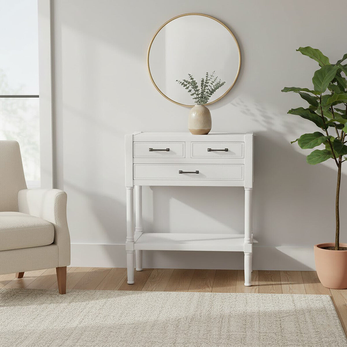 Orsina Heritage Console Table – Pearl White Wood with 3 Drawers