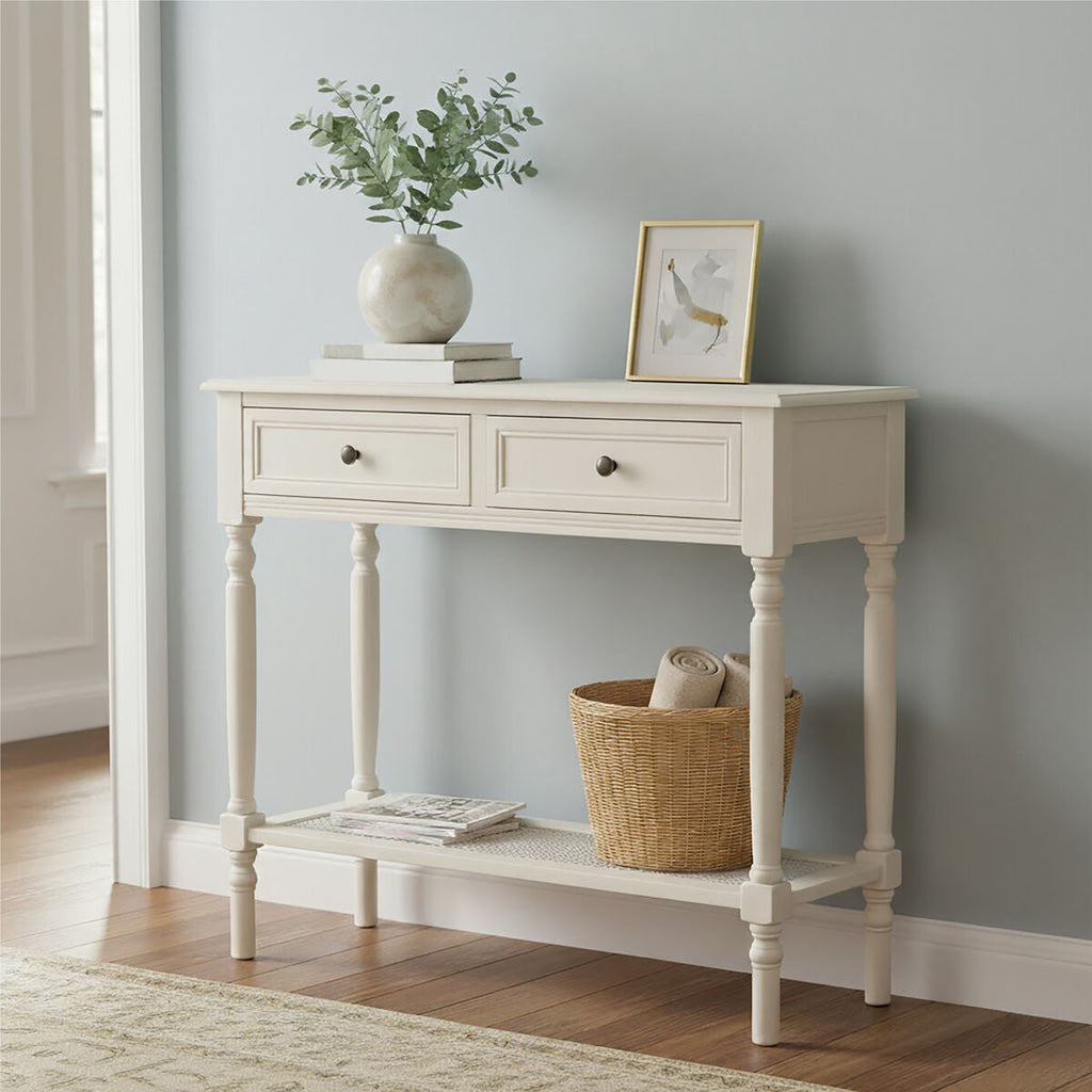 Orsina Heritage White Wooden Console Table with 2 Drawers and Shelf