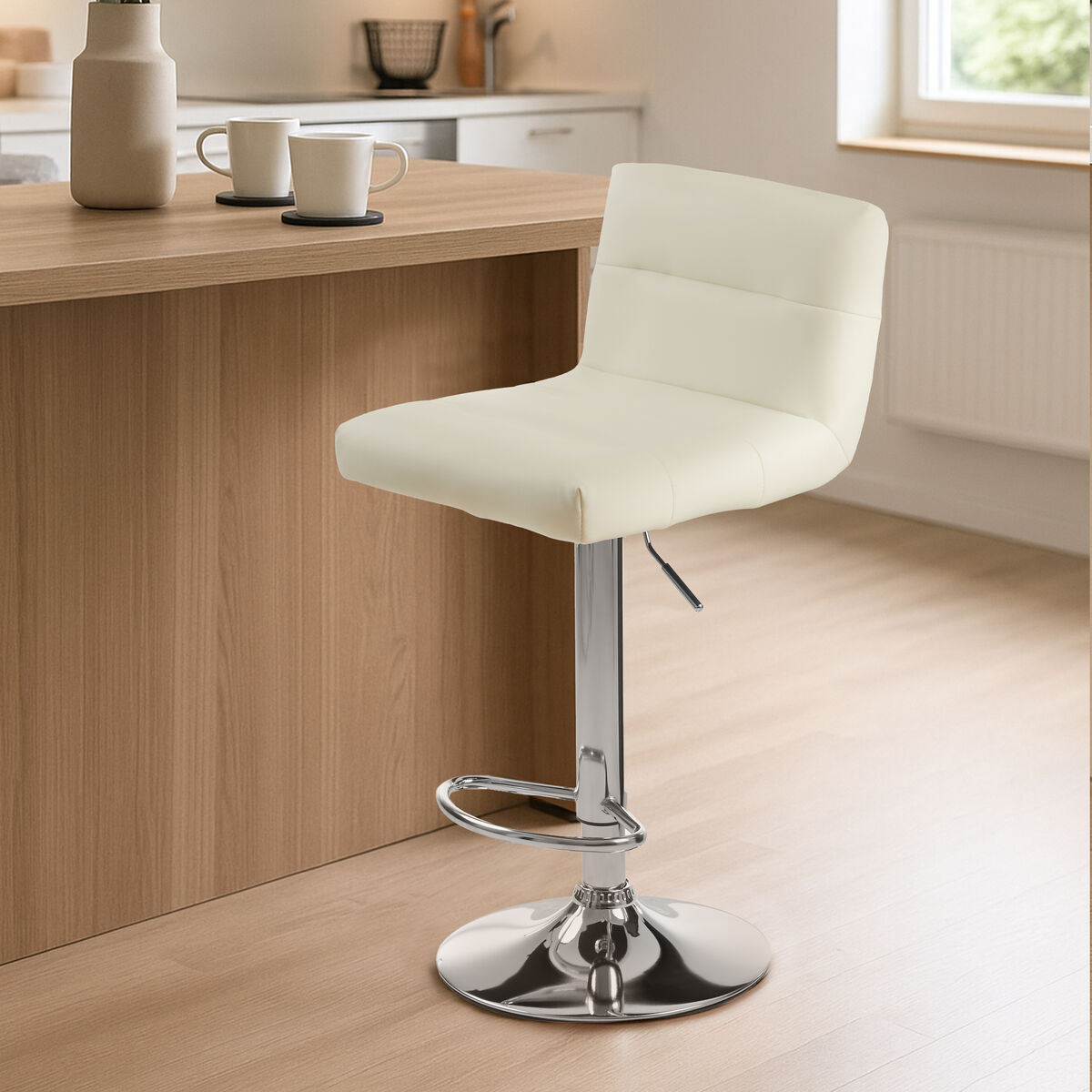 Orsina Baina White Bar Stool – Adjustable Kitchen Seat with Chrome Base