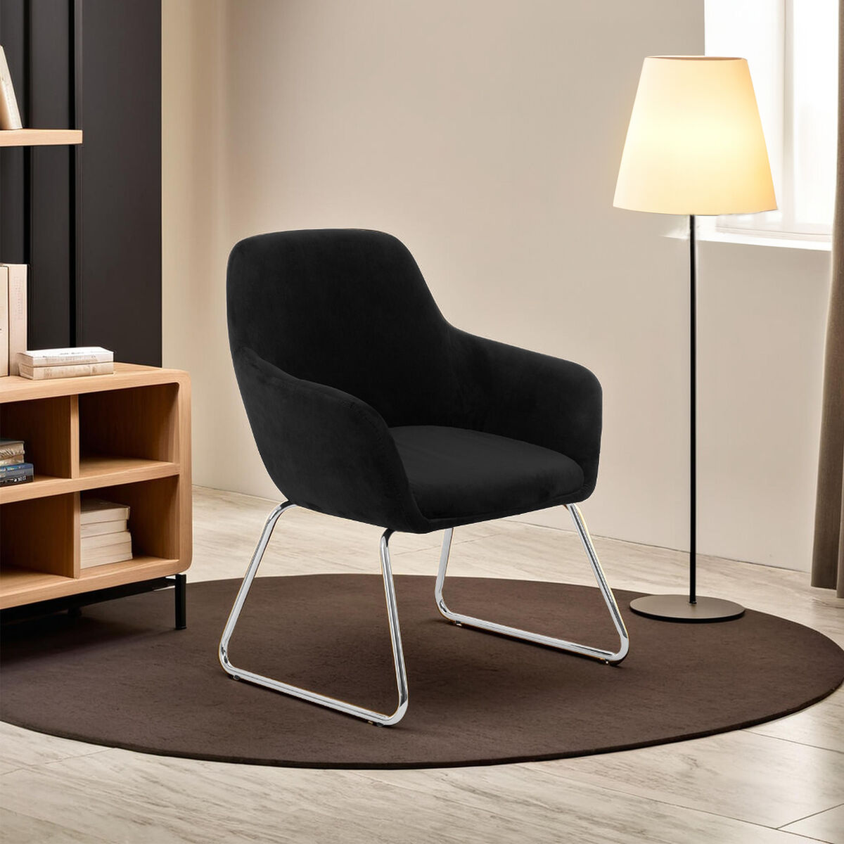 Orsina Stockholm Black Velvet Dining Chair with Modern Chrome Sled Legs