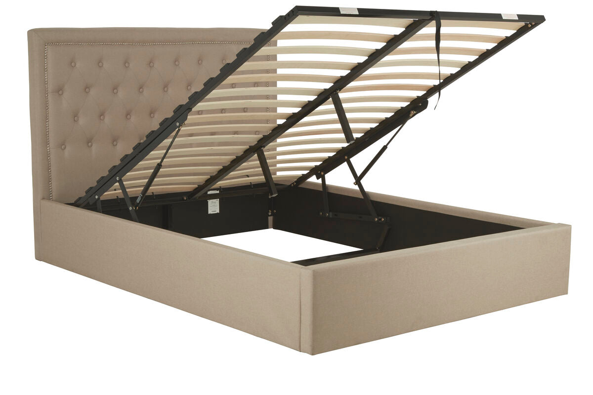 Orsina Hannah Beige Ottoman Double Bed | Tufted Linen Storage Bed