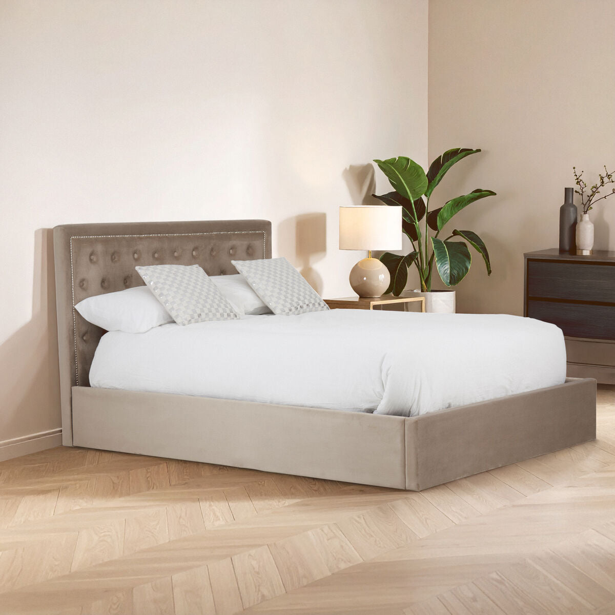 Orsina Hannah King Ottoman Storage Bed – Mink Velvet Upholstered