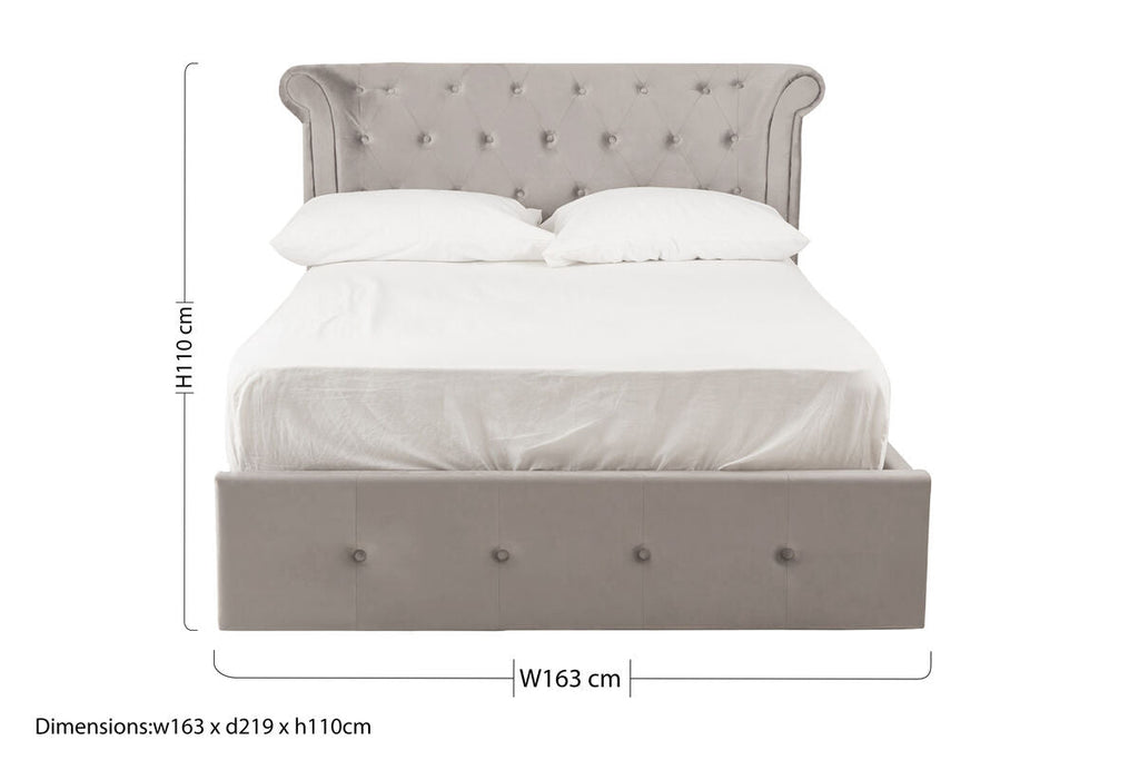 Orsina Edison Grey Velvet Ottoman Double Bed with Lift Up Storage