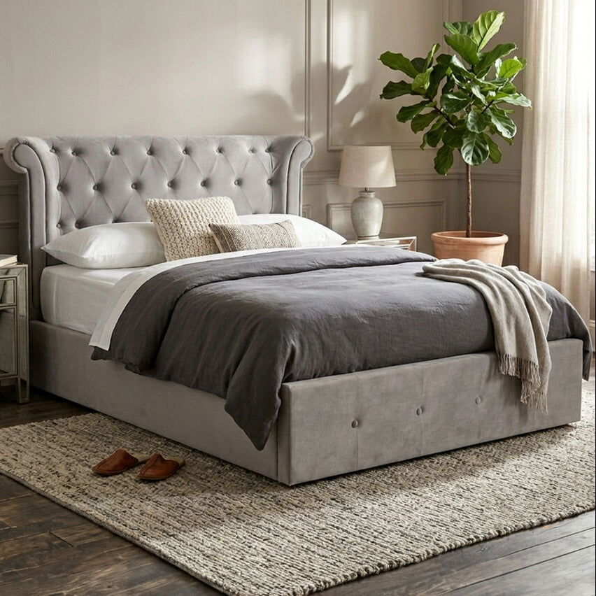 Orsina Edison Grey Velvet Ottoman Double Bed with Lift Up Storage