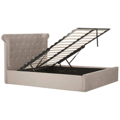 Orsina Edison Mink Velvet Ottoman Double Bed – Wingback Tufted Storage