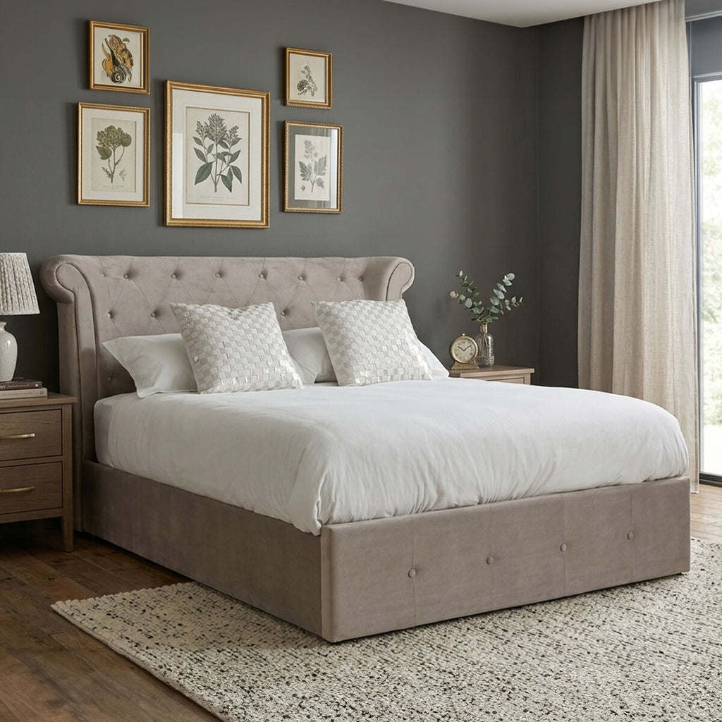 Orsina Edison Mink Velvet Ottoman Double Bed – Wingback Tufted Storage