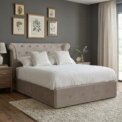 Orsina Edison Mink Velvet Ottoman Double Bed – Wingback Tufted Storage
