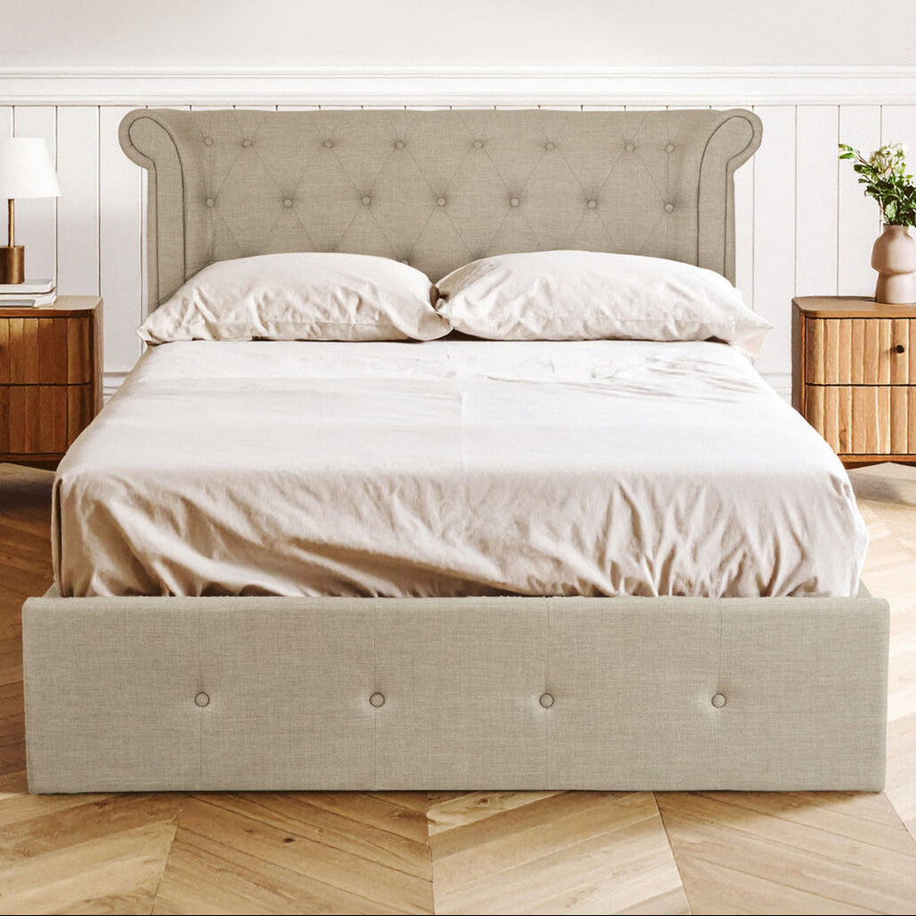 Orsina Edison Mink Velvet Ottoman Double Bed – Wingback Tufted Storage