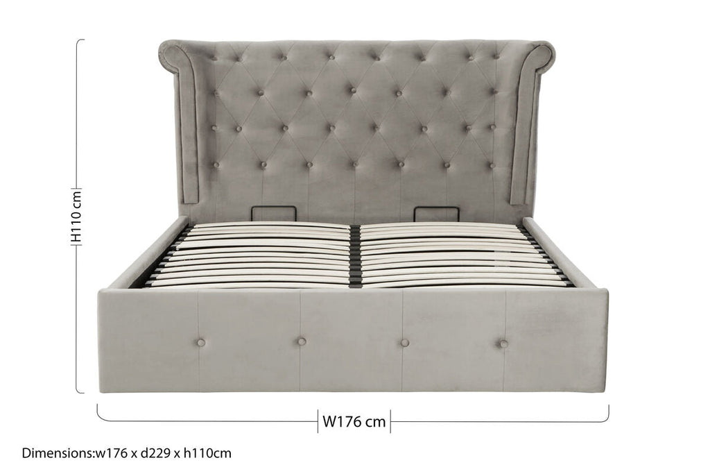 Orsina Edison King Ottoman Bed – Grey Brushed Velvet Wingback Storage