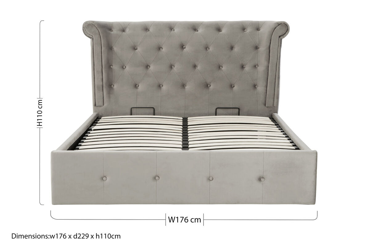 Orsina Edison King Ottoman Bed – Grey Brushed Velvet Wingback Storage