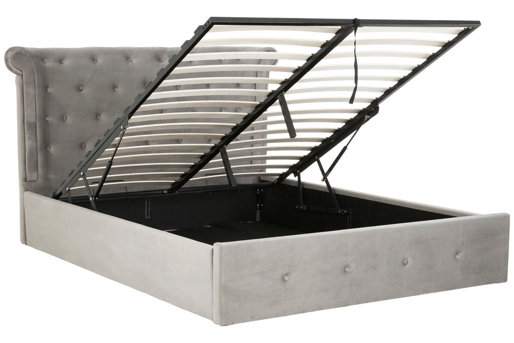 Orsina Edison King Ottoman Bed – Grey Brushed Velvet Wingback Storage