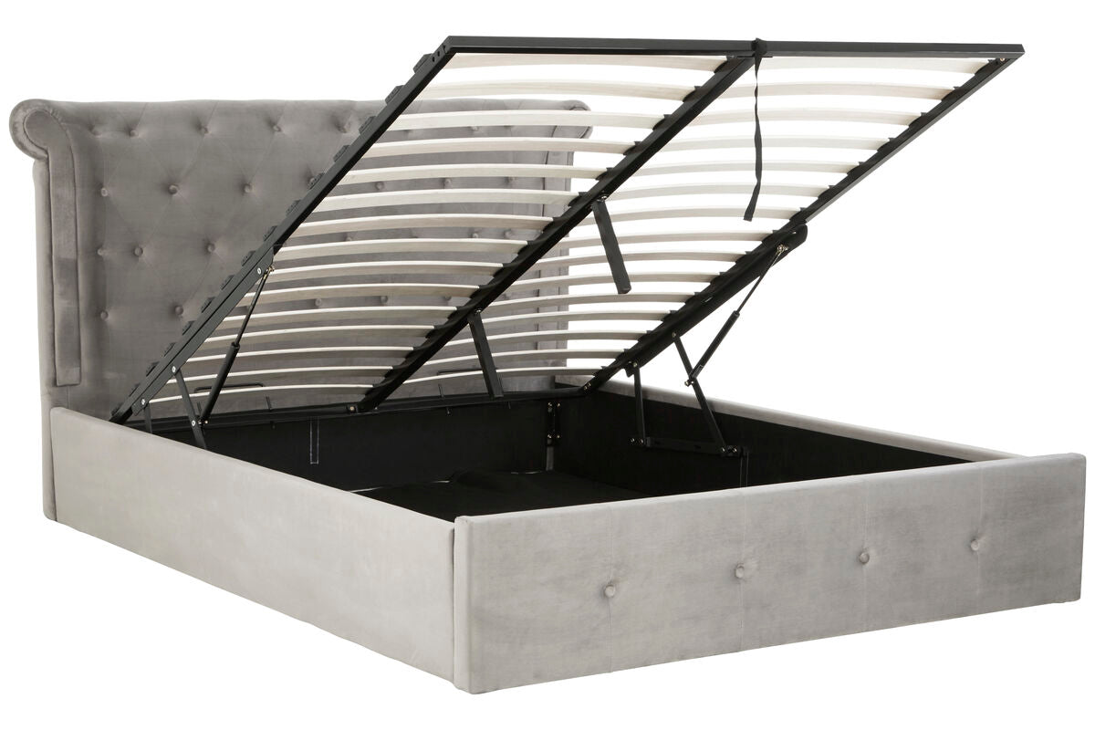 Orsina Edison King Ottoman Bed – Grey Brushed Velvet Wingback Storage