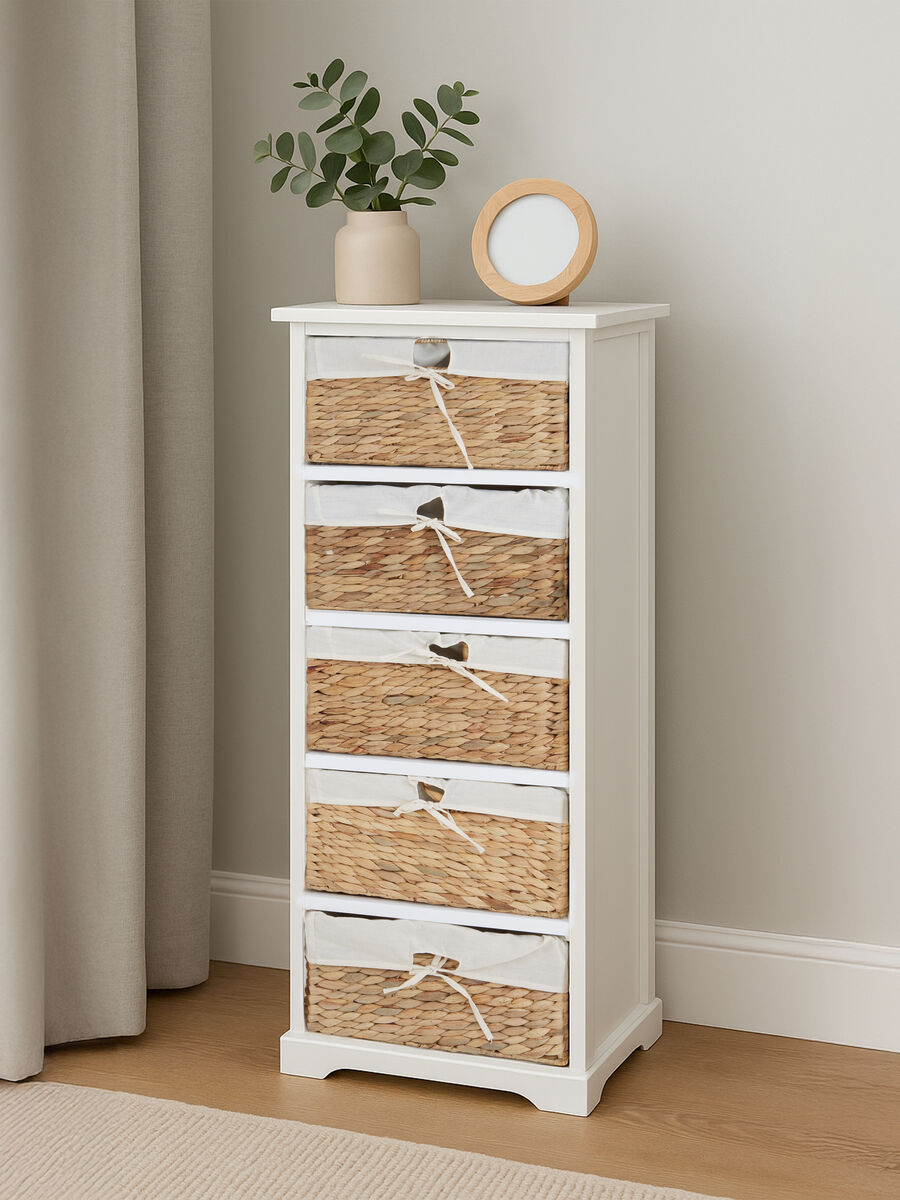 Orsina Ashby 5 Seagrass Drawer Chest – White Frame Storage Unit