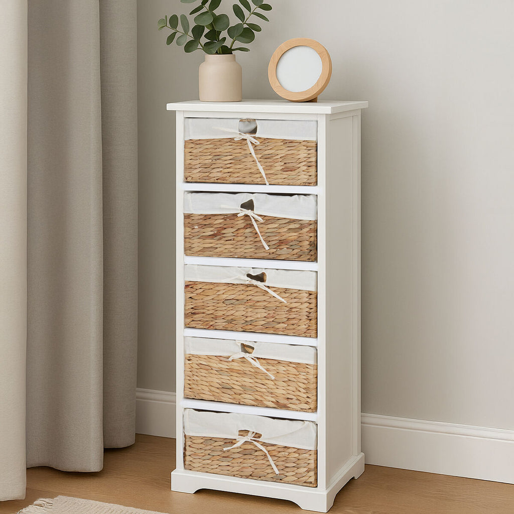 Orsina Ashby 5 Seagrass Drawer Chest – White Frame Storage Unit