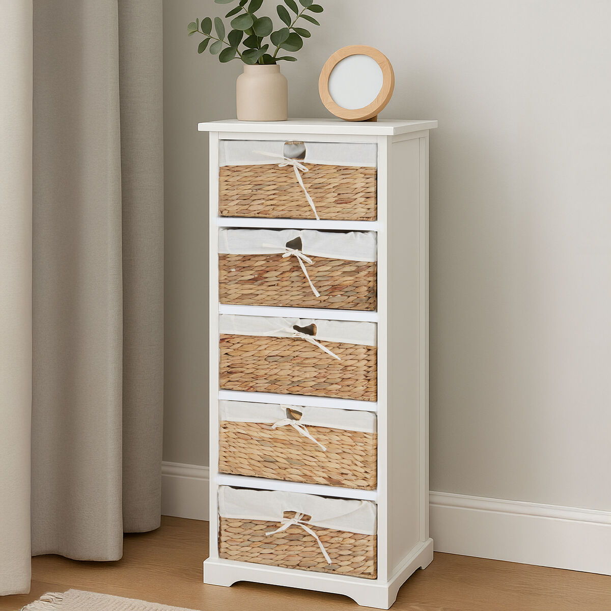 Orsina Ashby 5 Seagrass Drawer Chest – White Frame Storage Unit