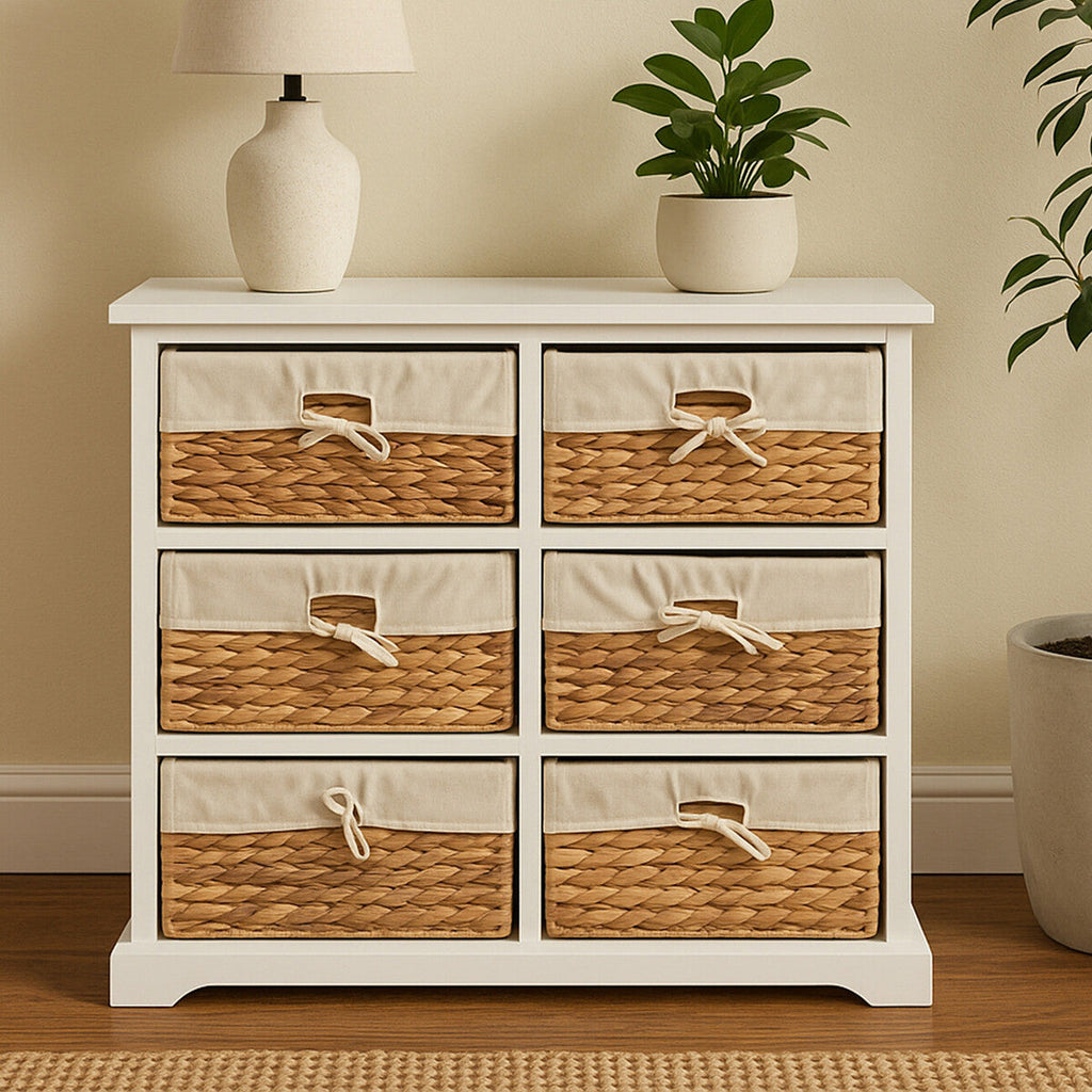 Orsina Ashby 6 Seagrass Drawer Chest – White Coastal Storage Unit