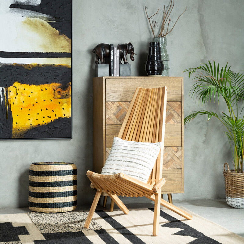 Orsina Ashby Seagrass Pouffe – Handwoven Round Ottoman with Black Stripes