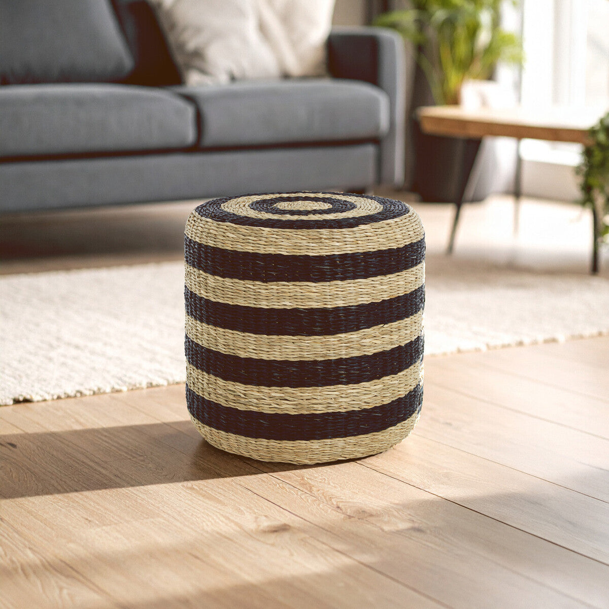 Orsina Ashby Seagrass Pouffe – Handwoven Round Ottoman with Black Stripes