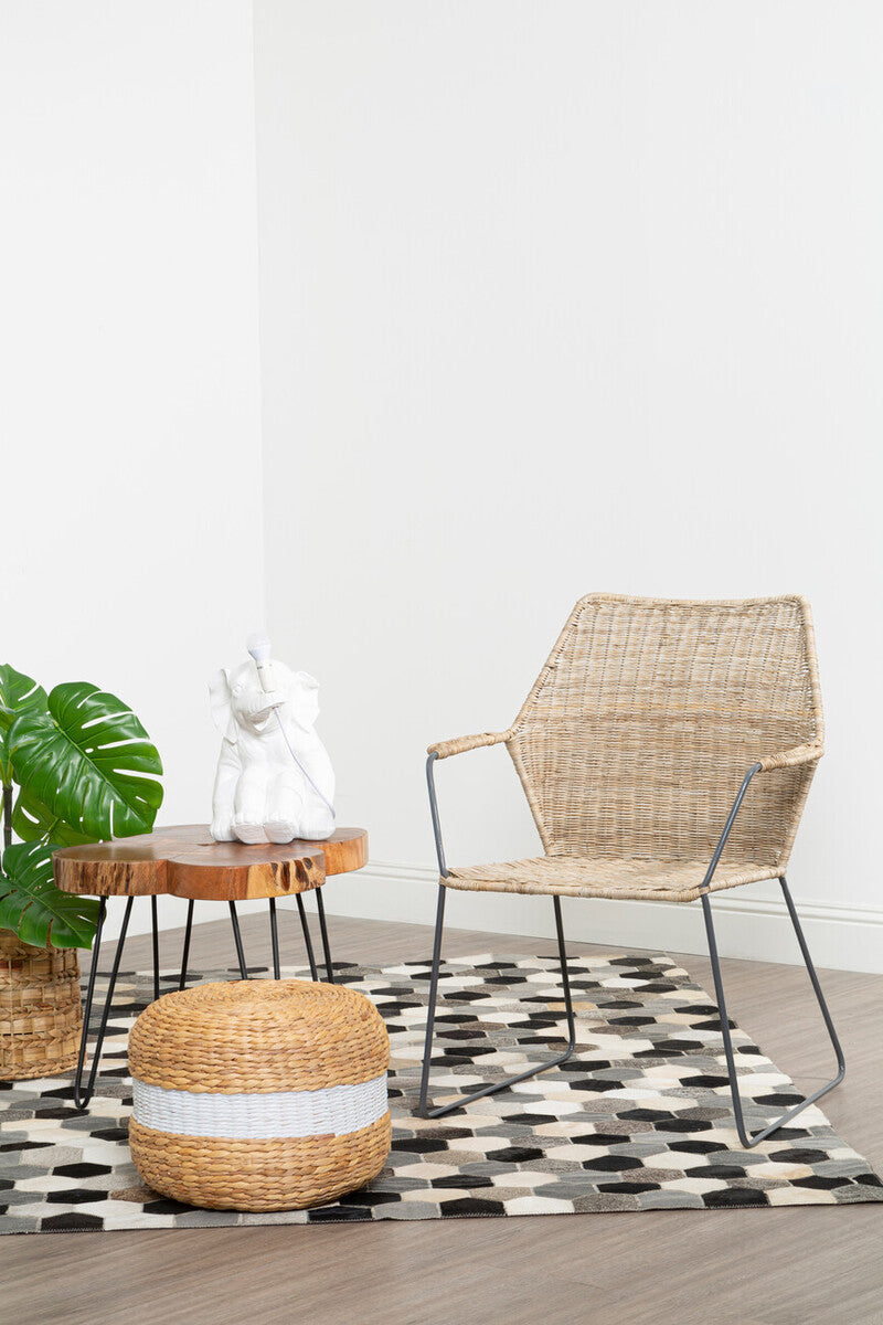 Orsina Ashby Seagrass Pouffe – Handwoven Drum Footstool with White Stripe