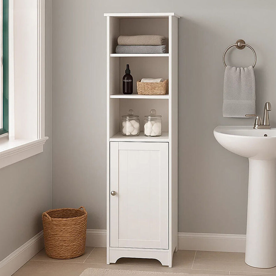 Orsina Portern Single Door Bathroom Cabinet – Slim White Pine Storage