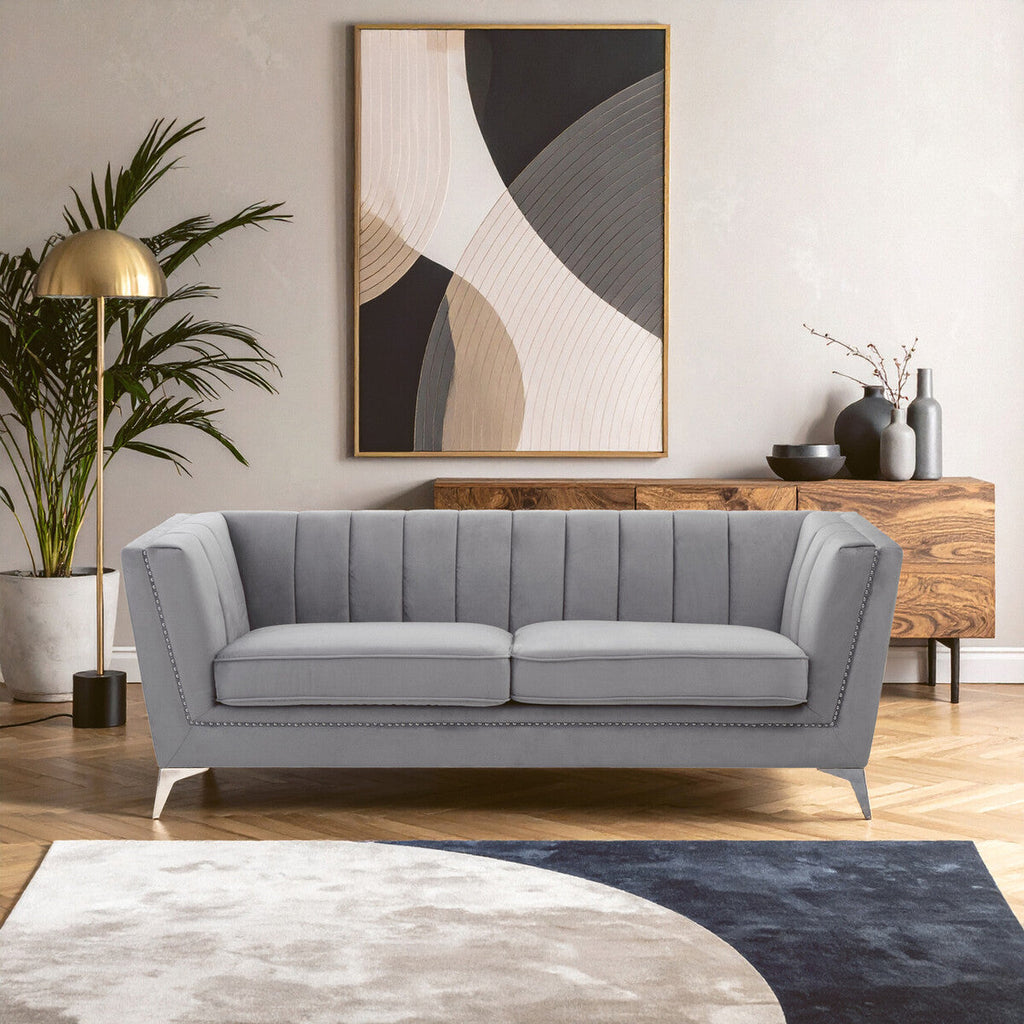 Orsina Hansa 3 Seater Grey Velvet Sofa – Modern Living Room Couch