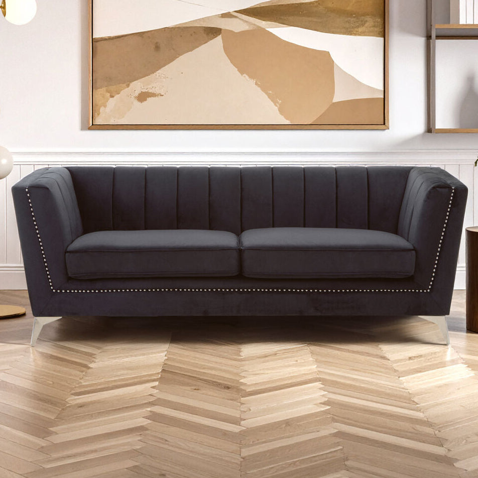Orsina Hansa 3 Seater Black Velvet Sofa – Modern Living Room Couch