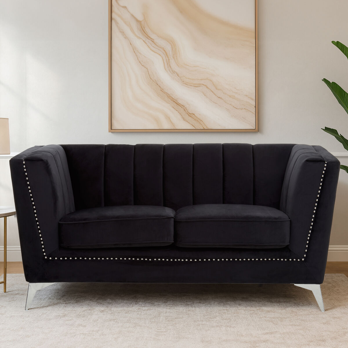 Orsina Hansa 2 Seater Black Velvet Sofa – Modern Compact Loveseat