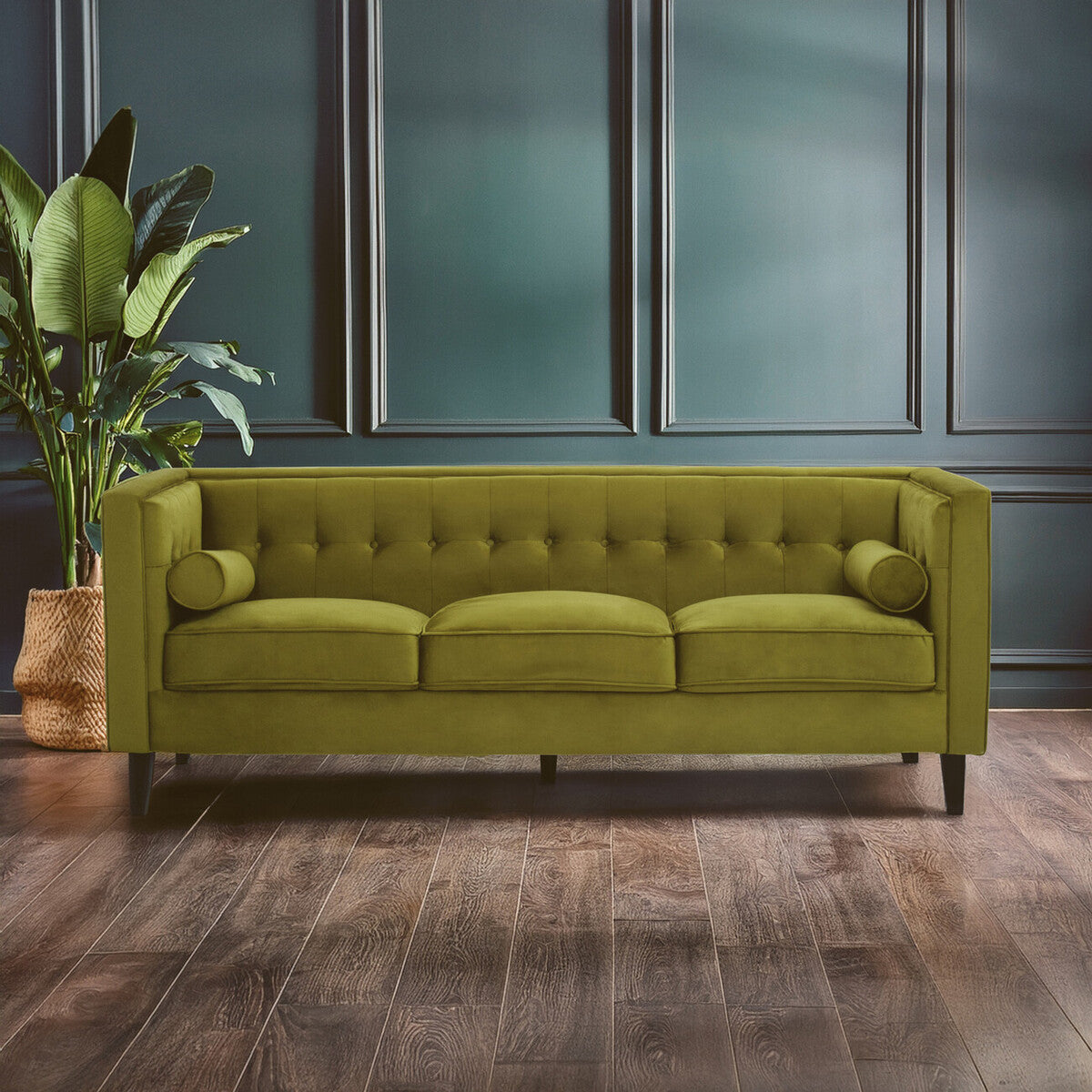 Orsina Helia 3 Seater Olive Velvet Sofa with Black Oak Legs