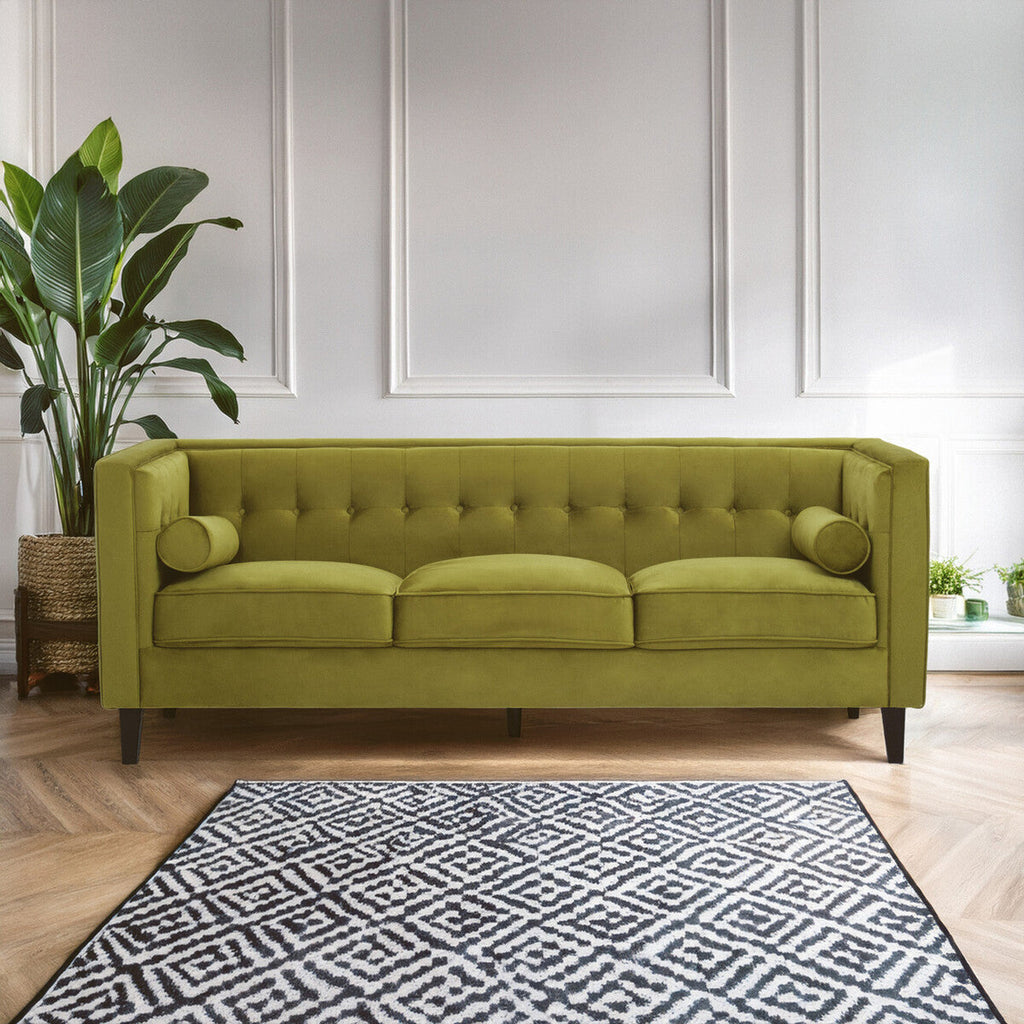 Orsina Helia 3 Seater Olive Velvet Sofa with Black Oak Legs