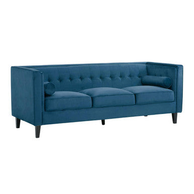 Orsina Helia 3 Seater Blue Velvet Sofa – Tufted Back with Oak Legs