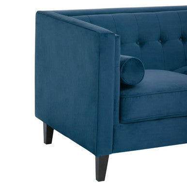 Orsina Helia 3 Seater Blue Velvet Sofa – Tufted Back with Oak Legs