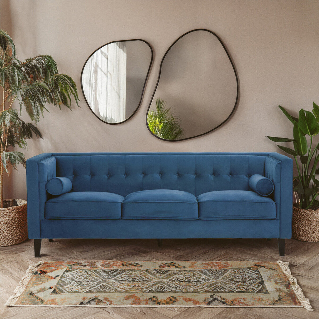 Orsina Helia 3 Seater Blue Velvet Sofa – Tufted Back with Oak Legs