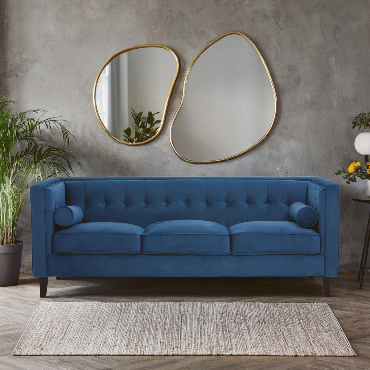Orsina Helia 3 Seater Blue Velvet Sofa – Tufted Back with Oak Legs