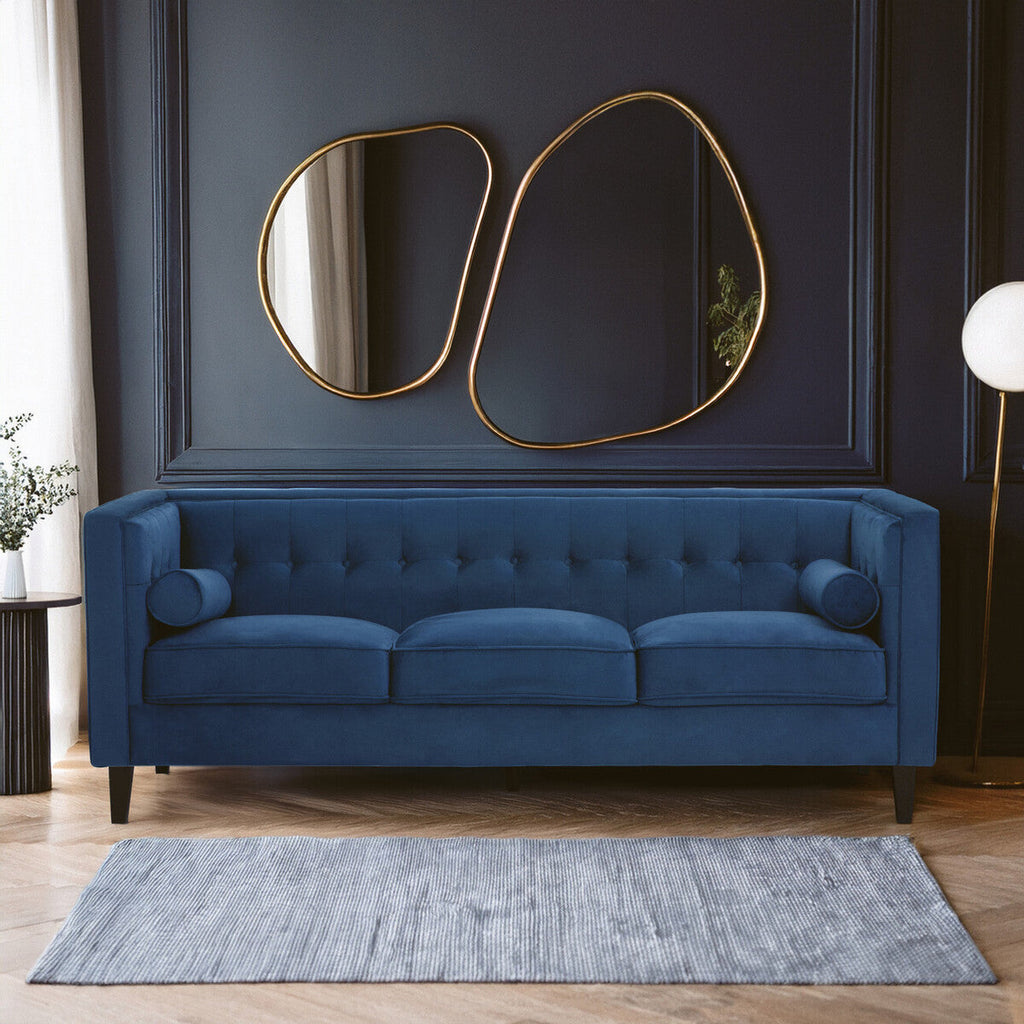 Orsina Helia 3 Seater Blue Velvet Sofa – Tufted Back with Oak Legs