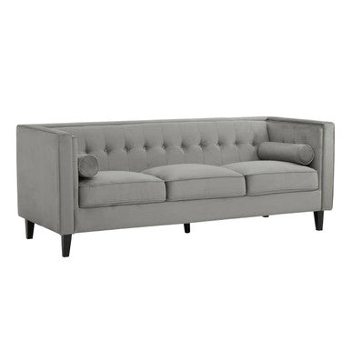 Orsina Helia 3 Seater Grey Velvet Sofa with Buttoned Back & Oak Legs