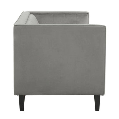 Orsina Helia 3 Seater Grey Velvet Sofa with Buttoned Back & Oak Legs