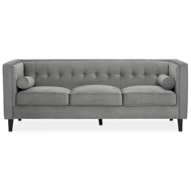 Orsina Helia 3 Seater Grey Velvet Sofa with Buttoned Back & Oak Legs