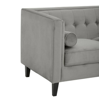 Orsina Helia 3 Seater Grey Velvet Sofa with Buttoned Back & Oak Legs